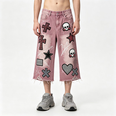 Washed Distressed Abrade Applique Capri Pants | Spray Dye Screen Print Rivet Decor | OEM Streetwear