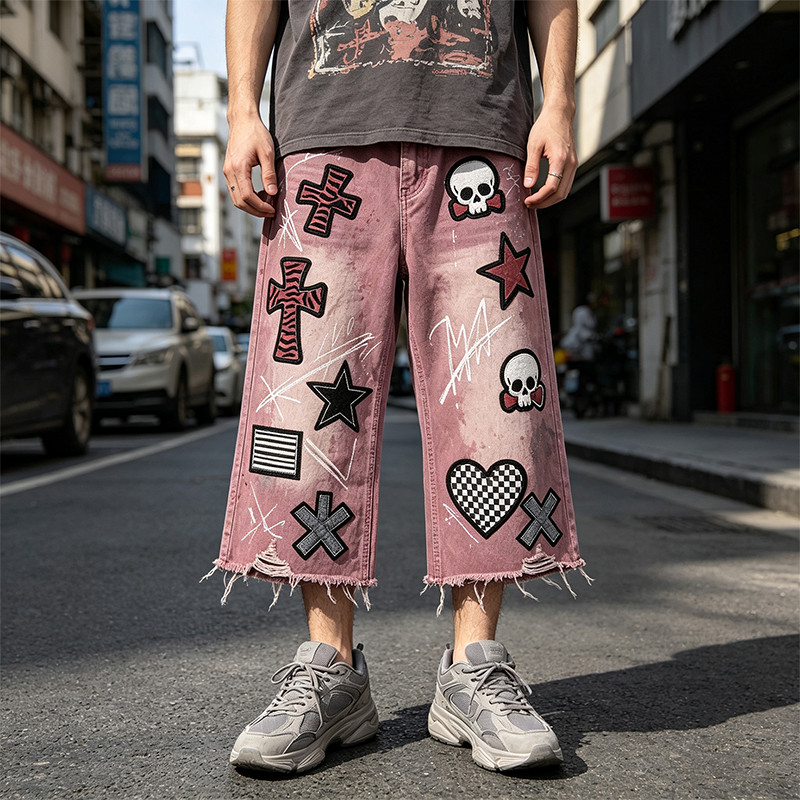 Washed Distressed Abrade Applique Capri Pants