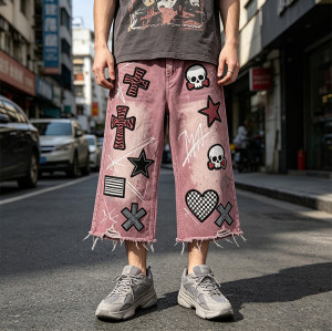 Washed Distressed Abrade Applique Capri Pants | Spray Dye Screen Print Rivet Decor | OEM Streetwear