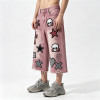 Washed Distressed Abrade Applique Capri Pants | Spray Dye Screen Print Rivet Decor | OEM Streetwear