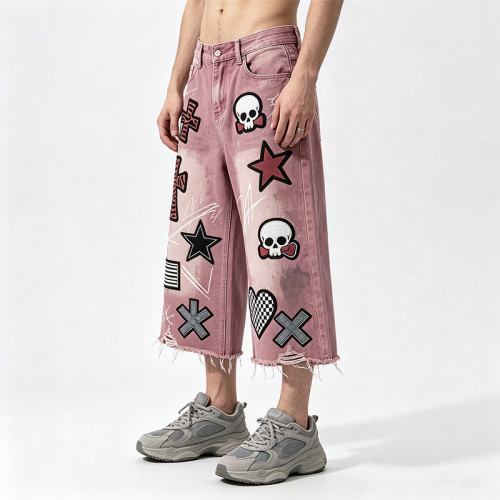 Washed Distressed Abrade Applique Capri Pants | Spray Dye Screen Print Rivet Decor | OEM Streetwear
