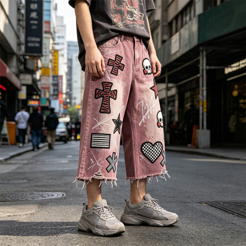 Washed Distressed Abrade Applique Capri Pants | Spray Dye Screen Print Rivet Decor | OEM Streetwear