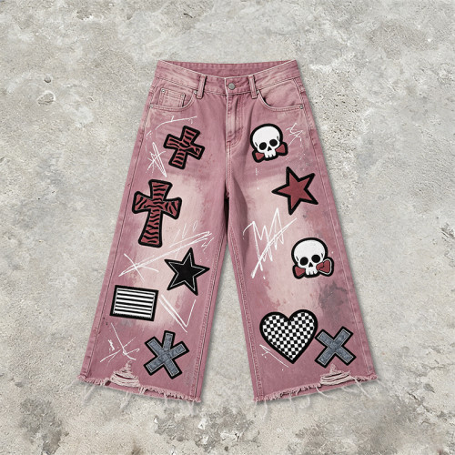 Washed Distressed Abrade Applique Capri Pants | Spray Dye Screen Print Rivet Decor | OEM Streetwear