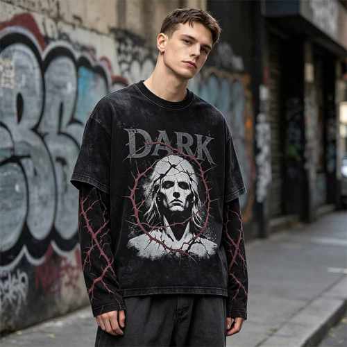 Custom 100% Cotton Vintage Streetwear T-Shirt — Washed with Splicing & Screen Print