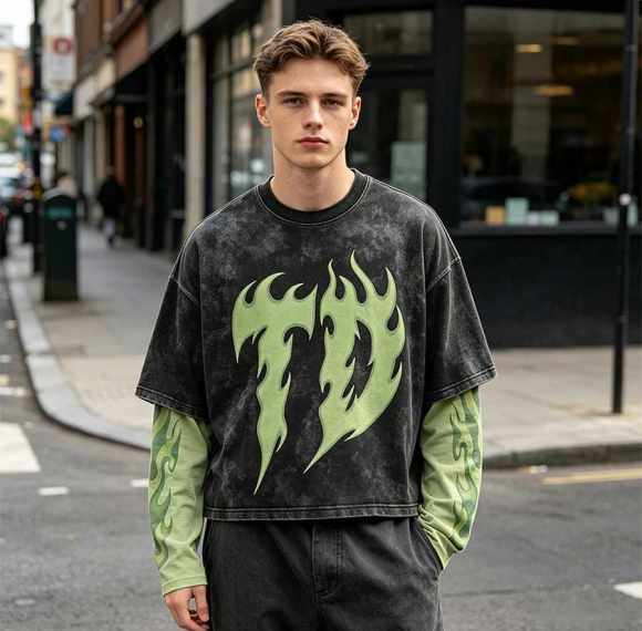 Custom 100% Cotton Vintage Streetwear T-Shirt — Washed with Splicing & Screen Print