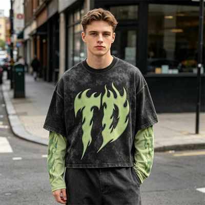 Custom 100% Cotton Vintage Streetwear T-Shirt — Washed with Splicing & Screen Print