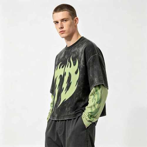 Custom 100% Cotton Vintage Streetwear T-Shirt — Washed with Splicing & Screen Print