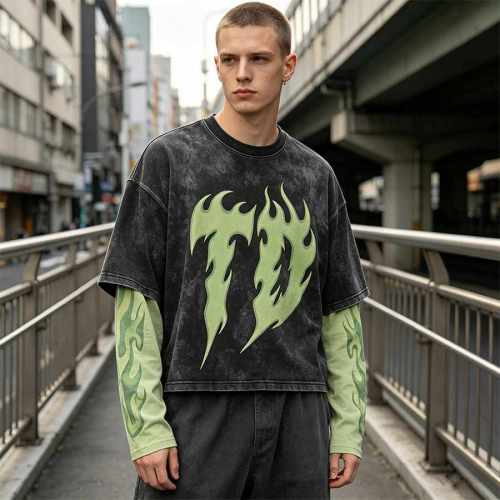 Custom 100% Cotton Vintage Streetwear T-Shirt — Washed with Splicing & Screen Print