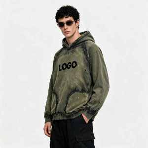 Custom 100% Cotton 380GSM Distressed Vintage Streetwear Hoodie — Spray Dye & Ripped Details