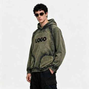 Custom 100% Cotton 380GSM Distressed Vintage Streetwear Hoodie — Spray Dye & Ripped Details