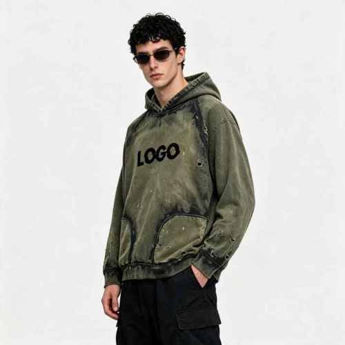 Custom 100% Cotton 380GSM Distressed Vintage Streetwear Hoodie — Spray Dye & Ripped Details