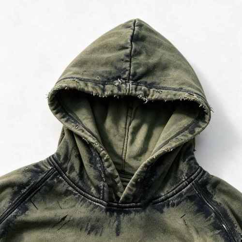 Custom 100% Cotton 380GSM Distressed Vintage Streetwear Hoodie — Spray Dye & Ripped Details