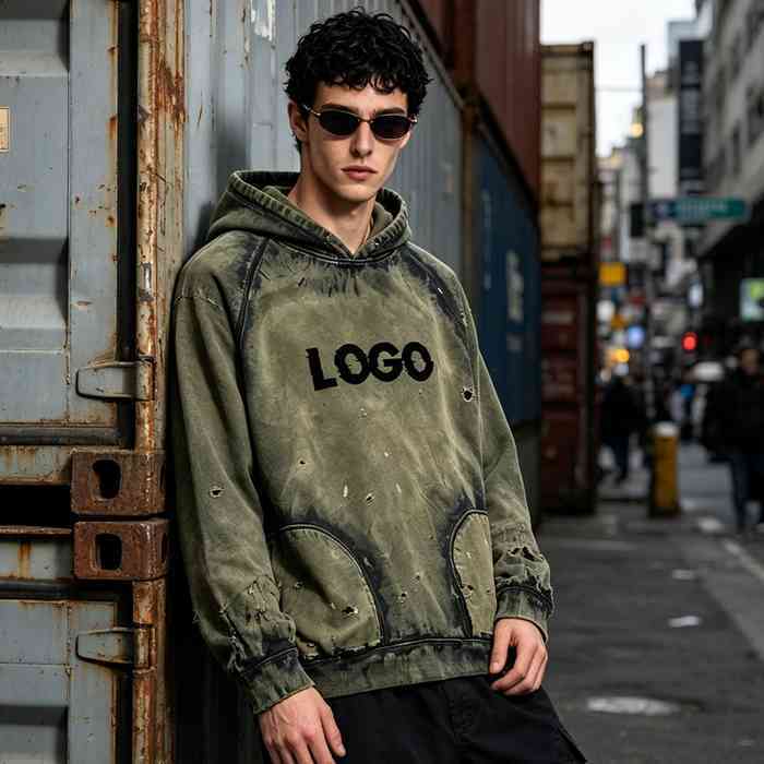 Distressed vintage streetwear hoodie detail 1