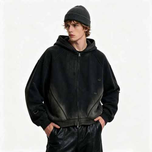 Custom 100% Cotton 450GSM Distressed Vintage Streetwear Hoodie — Spray Dye & Ripped Details