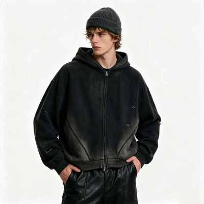 Custom 100% Cotton 450GSM Distressed Vintage Streetwear Hoodie — Spray Dye & Ripped Details