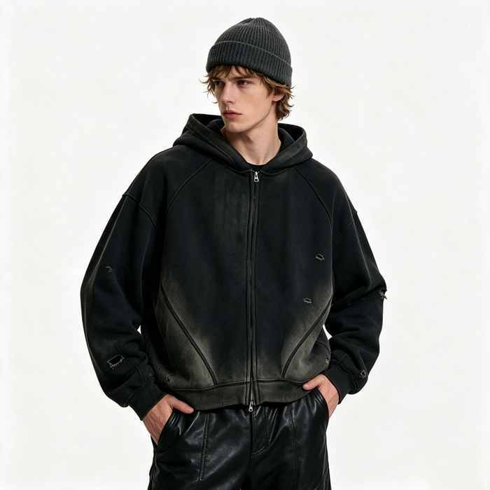 Custom 100% Cotton 450GSM Distressed Vintage Streetwear Hoodie — Spray Dye & Ripped Details