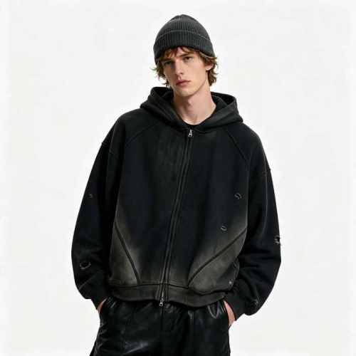 Custom 100% Cotton 450GSM Distressed Vintage Streetwear Hoodie — Spray Dye & Ripped Details