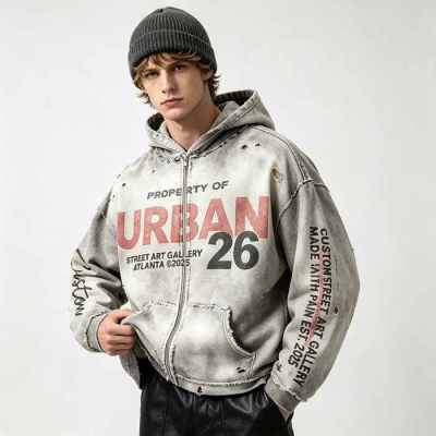 Custom 100% Cotton 450GSM Distressed Vintage Streetwear Hoodie — Direct Print, Spray Dye & Ripped