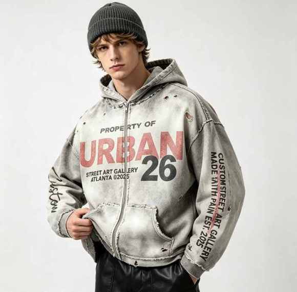 Custom 100% Cotton 450GSM Distressed Vintage Streetwear Hoodie — Direct Print, Spray Dye & Ripped