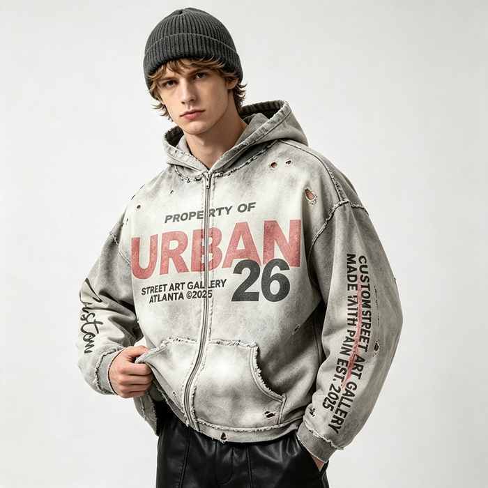 Custom 100% Cotton 450GSM Distressed Vintage Streetwear Hoodie — Direct Print, Spray Dye & Ripped