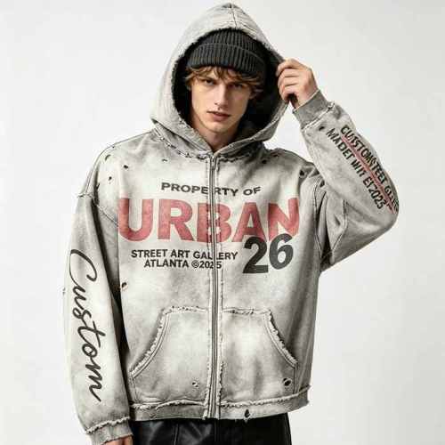 Custom 100% Cotton 450GSM Distressed Vintage Streetwear Hoodie — Direct Print, Spray Dye & Ripped