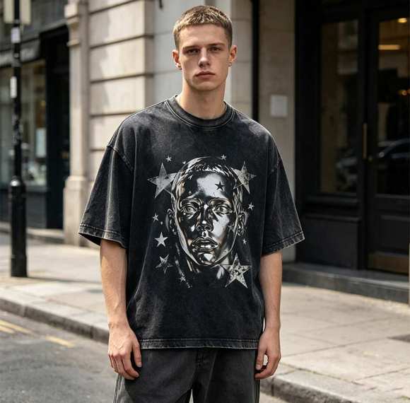 Custom 95% Cotton 5% Spandex Vintage Streetwear T-Shirt — Washed with Screen Print & Silver Foil