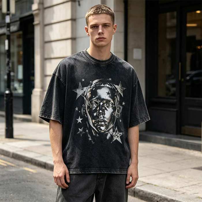 Custom 95% Cotton 5% Spandex Vintage Streetwear T-Shirt — Washed with Screen Print & Silver Foil