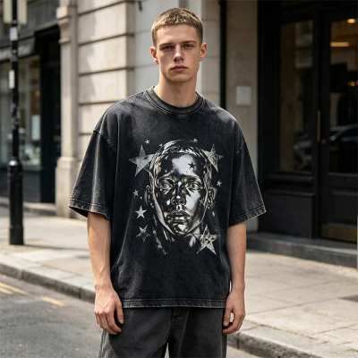 Custom 95% Cotton 5% Spandex Vintage Streetwear T-Shirt — Washed with Screen Print & Silver Foil