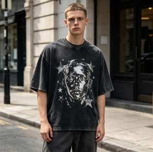 Custom 95% Cotton 5% Spandex Vintage Streetwear T-Shirt — Washed with Screen Print & Silver Foil