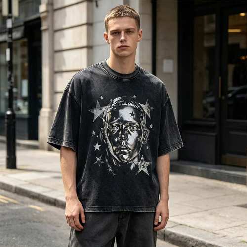 Custom 95% Cotton 5% Spandex Vintage Streetwear T-Shirt — Washed with Screen Print & Silver Foil