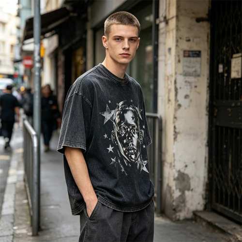 Custom 95% Cotton 5% Spandex Vintage Streetwear T-Shirt — Washed with Screen Print & Silver Foil