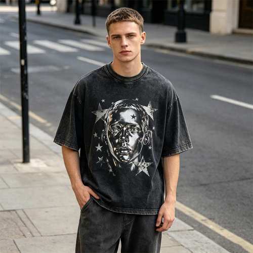 Custom 95% Cotton 5% Spandex Vintage Streetwear T-Shirt — Washed with Screen Print & Silver Foil
