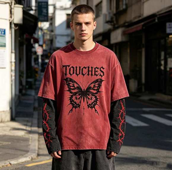 Custom 95% Cotton 5% Spandex Vintage Streetwear T-Shirt — Washed with Splicing & Screen Print