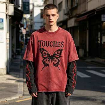 Custom 95% Cotton 5% Spandex Vintage Streetwear T-Shirt — Washed with Splicing & Screen Print