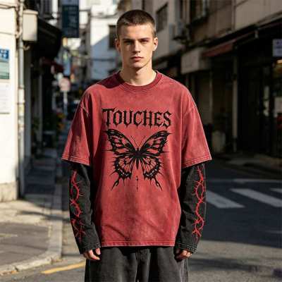 Custom 95% Cotton 5% Spandex Vintage Streetwear T-Shirt — Washed with Splicing & Screen Print