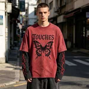 Custom 95% Cotton 5% Spandex Vintage Streetwear T-Shirt — Washed with Splicing & Screen Print