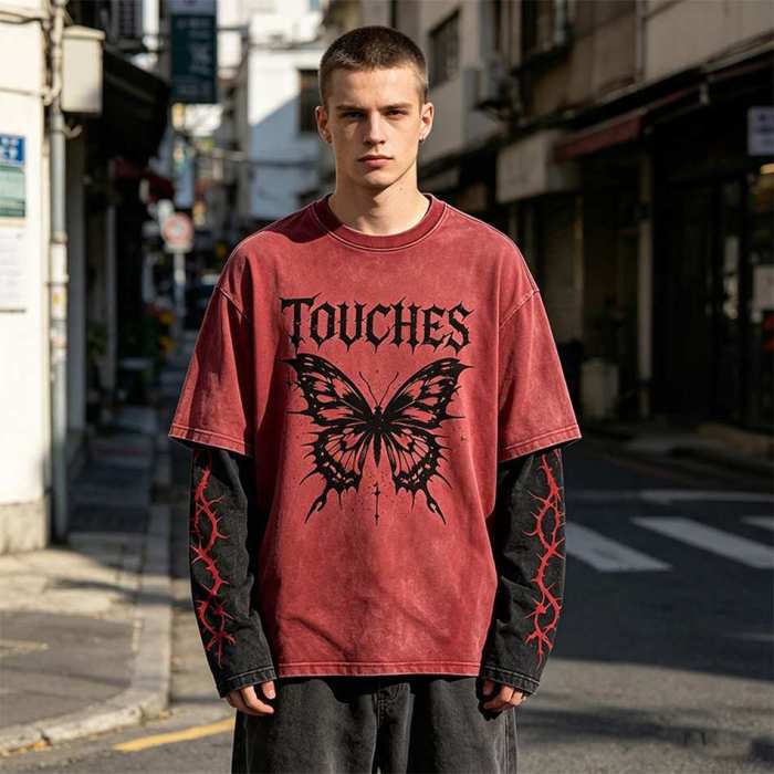 Custom 95% Cotton 5% Spandex Vintage Streetwear T-Shirt — Washed with Splicing & Screen Print