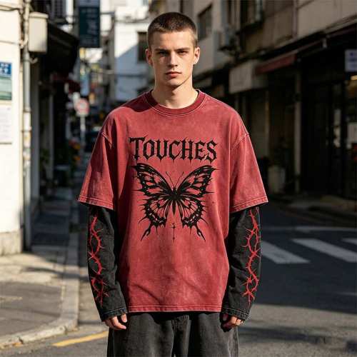 Custom 95% Cotton 5% Spandex Vintage Streetwear T-Shirt — Washed with Splicing & Screen Print