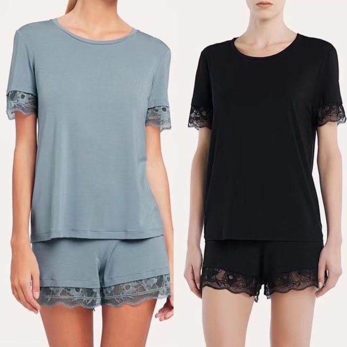 Summer Lace Modal Sleepwear | Short Sleeve Comfortable Ice Silk Casual Home Wear | Lace Trim Pajama Short Set