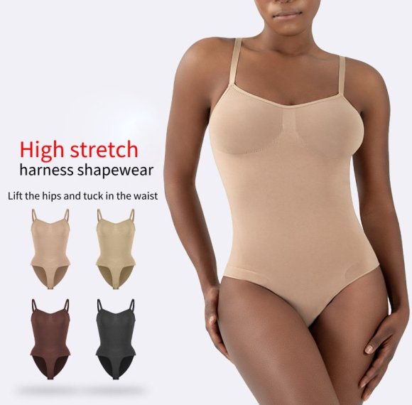 Women's Bodysuits Tummy Control Shapewear | Seamless Round Neck | Mid Thigh Body Shaper With Removable Pads