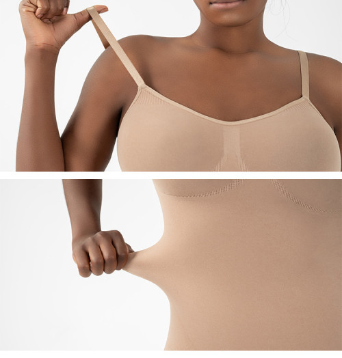 Women's Bodysuits Tummy Control Shapewear | Seamless Round Neck | Mid Thigh Body Shaper With Removable Pads