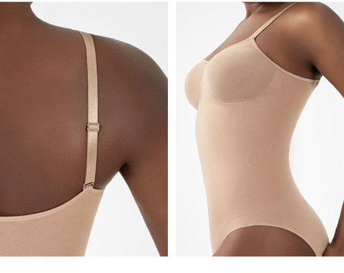 Women's Bodysuits Tummy Control Shapewear | Seamless Round Neck | Mid Thigh Body Shaper With Removable Pads