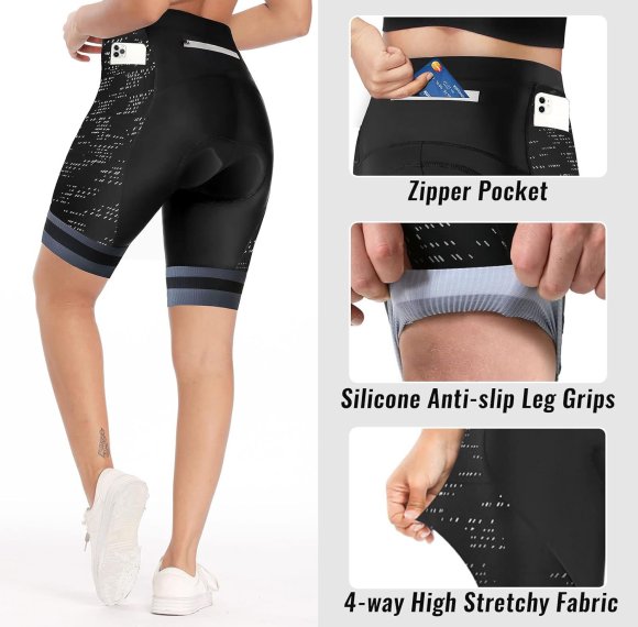 Damen 4D gepolsterte Fahrradunterwäsche | Breiter Bund 4D Gel-Polsterung | Fahrradshorts mit Taschen