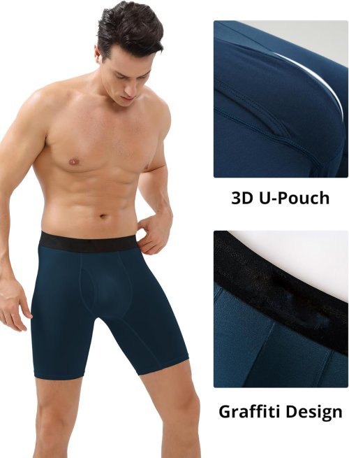 Men's Underwear Boxer Briefs | 8 Inch Long Leg | 3d U-Pouch Open Fly | Bamboo Rayon Breathable Underwear