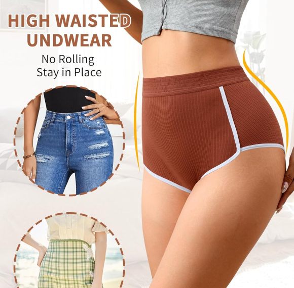 Womens Cotton Underwear Briefs | High Waisted Slight Tummy Control Panties | Soft Breathable Full Coverage Briefs