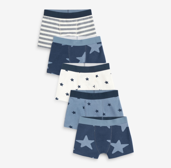Boys 5pcs Boxer Underwear Pack | Blue Stars And Stripes Trunks | Baby Toddler Soft Cotton Underwear