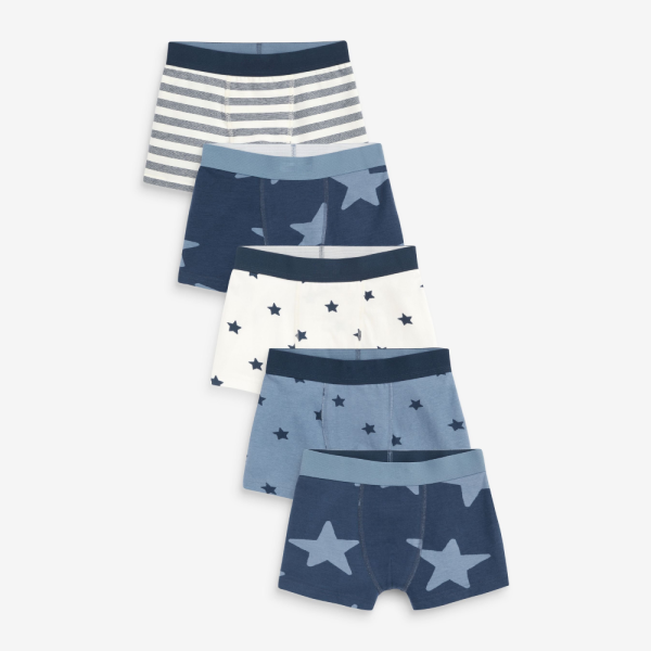Lot de 5 boxers pour garçon | Boxers bleus à rayures et étoiles | Sous-vêtements en coton doux pour bébé et tout-petit
