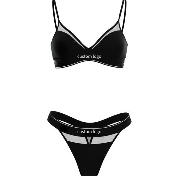 Black Tulled Women's Underwear Set | Triangle Cotton Set Of Bralette & Thong/Briefs | Adjustable Straps | Removable Pads