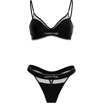 Black Tulled Women's Underwear Set | Triangle Cotton Set Of Bralette & Thong/Briefs | Adjustable Straps | Removable Pads