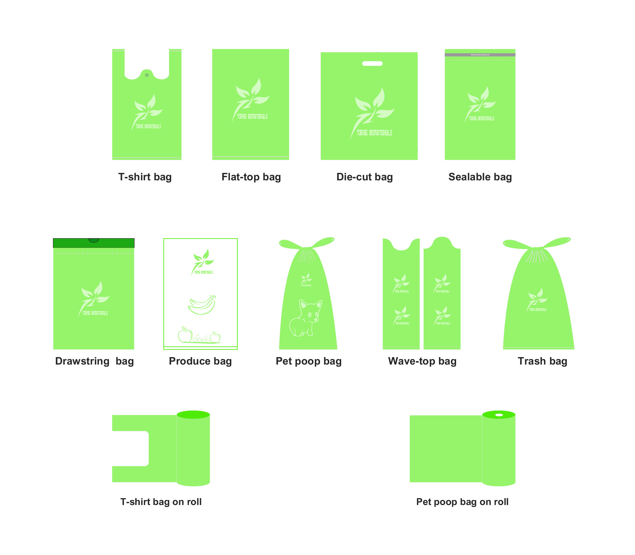 Compostable bags with different bag types